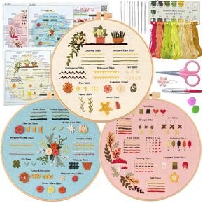 KLOSN 3 Sets Embroidery Kit for Beginners Adults with Stamped Flower Patterns, Needlepoint Kits for Adults, Cross Stitch Kits for Beginner Kids Include 35+ Stitches, Needle Tools, Video Tutorial