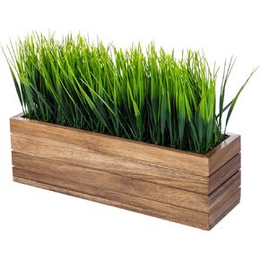 MyGift 14 Inch Artificial Green Grass Plant in Shabby White Washed Wood Planter Window Box - Faux Greenery in Rectangular Crate Style Wooden Container