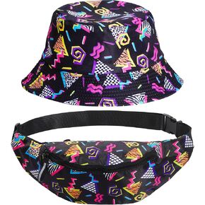 80s 90s Fanny Pack Bucket Hat Set for Women Men Neon Waist Bag 90s Hat Retro Casual Outfit for 1980s/1990s Costume