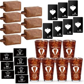 Sliner 7 Sets Groomsmen Gifts Set 16 Oz Beer Glass Cup Toiletry Bag and Bottle Opener Cap Opener for Best Man PU Leather Cosmetic Bags with Zippers Greeting Card for Wedding Groomsman Best Man Gift