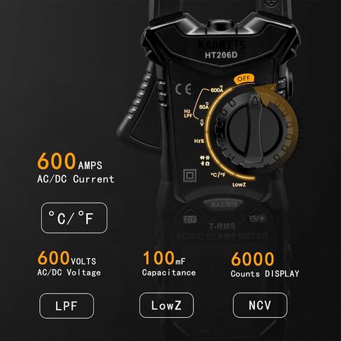 KAIWEETS Digital Clamp Meter Multimeter with D-Shaped Jaw for AC/DC Current & Voltage, Auto-ranging 4000 Counts Voltage Tester with Flashlight Backlight, Measuring Temperature Continuity Diode NCV in Saudi Arabia