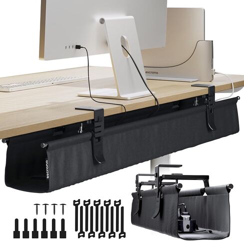 Ascrono Original No Drill Under Desk Cable Management Tray 40.6" - Premium White Fabric Cable Management Under Desk - Clamp/Screw Mount Cord Organizer - Supports Upto 66lbs - Large in Kuwait