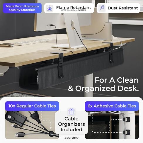 Ascrono Original No Drill Under Desk Cable Management Tray 40.6" - Premium White Fabric Cable Management Under Desk - Clamp/Screw Mount Cord Organizer - Supports Upto 66lbs - Large in Kuwait