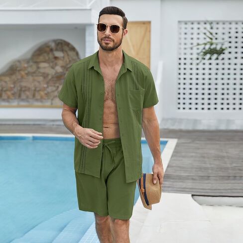 Hawalili الرجال الكتان مجموعات وتتسابق 2 قطعة قصيرة الأكمام القمصان الكوبية الصيف Guayabera الكتان الشاطئ عارضة دعوى in Kuwait