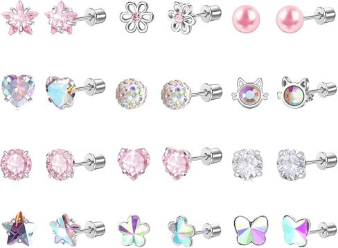 12 Pairs Toddler Earrings Hypoallergenic Screw Back Earrings for Girls Women Surgical Stainless Steel Stud Earrings Cute Flower Pearl Star 20G Cubic Zirconia Flat Back Stud Earrings Set in Saudi Arabia