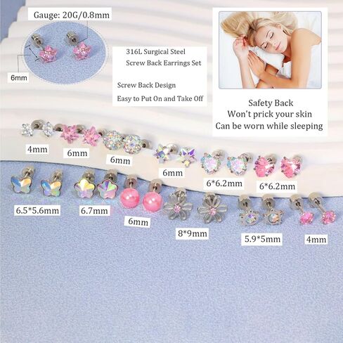 12 Pairs Toddler Earrings Hypoallergenic Screw Back Earrings for Girls Women Surgical Stainless Steel Stud Earrings Cute Flower Pearl Star 20G Cubic Zirconia Flat Back Stud Earrings Set in Saudi Arabia