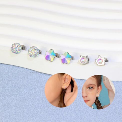 12 Pairs Toddler Earrings Hypoallergenic Screw Back Earrings for Girls Women Surgical Stainless Steel Stud Earrings Cute Flower Pearl Star 20G Cubic Zirconia Flat Back Stud Earrings Set in Saudi Arabia