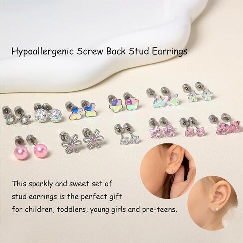 12 Pairs Toddler Earrings Hypoallergenic Screw Back Earrings for Girls Women Surgical Stainless Steel Stud Earrings Cute Flower Pearl Star 20G Cubic Zirconia Flat Back Stud Earrings Set in Saudi Arabia