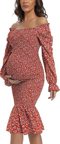Maternity Fall Floral Midi Bodycon Dresses, Long Puff Sleeve Square Neck Ruffle Hem Mermaid Baby Shower Dress Green L in Kuwait