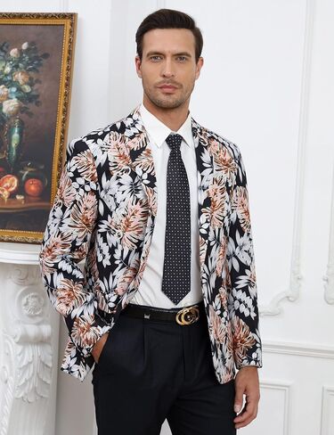 TURETRENDY Men's Printed Blazer Casual Slim Fit One Button Sports Coat Festival Party Jacket Leafwhite 3XL in Saudi Arabia