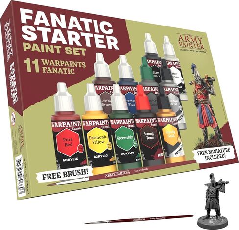 The Army Painter Warpaints Fanatic: Starter Set Combo, 11 paints: 7 acrylic colours, 2 Metallics, 1 Wash, 1 Brush-On Primer, 1 Basecoating Brush, Plus 1 Free Miniature figure and Starter Brush in Saudi Arabia