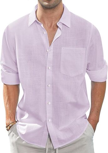 قميص رجالي من القطن والكتان بأكمام طويلة من J.VER، قميص كاجوال بأزرار سفلية، قميص صيفي للشاطئ مع جيب أسود كبير in Kuwait