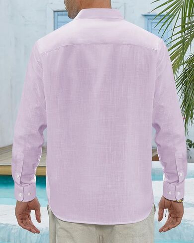 قميص رجالي من القطن والكتان بأكمام طويلة من J.VER، قميص كاجوال بأزرار سفلية، قميص صيفي للشاطئ مع جيب أسود كبير in Kuwait