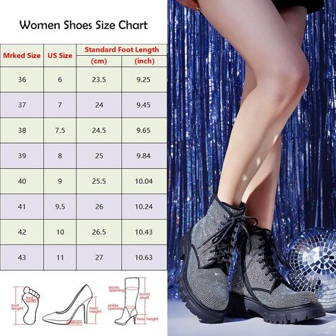 Wavyvigs Rhinestone Combat Boots Platform Chunky Heel Lace Up Ankle Boots Side Zipper in Saudi Arabia
