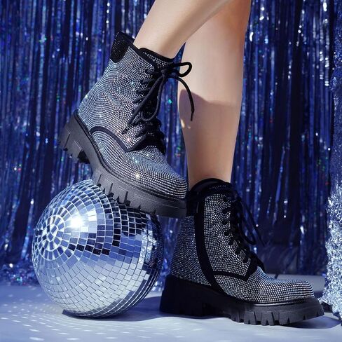 Wavyvigs Rhinestone Combat Boots Platform Chunky Heel Lace Up Ankle Boots Side Zipper in Saudi Arabia