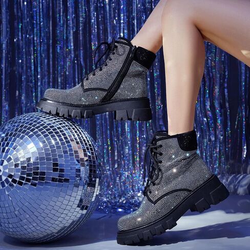 Wavyvigs Rhinestone Combat Boots Platform Chunky Heel Lace Up Ankle Boots Side Zipper in Saudi Arabia