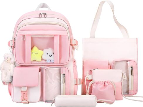 HORHREAR Kawaii Backpack 5Pcs Set for School, Cute Clear Backpack Preppy with Aesthetics Pendant for Girls Boys Primary Bag in Saudi Arabia