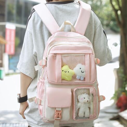 HORHREAR Kawaii Backpack 5Pcs Set for School, Cute Clear Backpack Preppy with Aesthetics Pendant for Girls Boys Primary Bag in Saudi Arabia