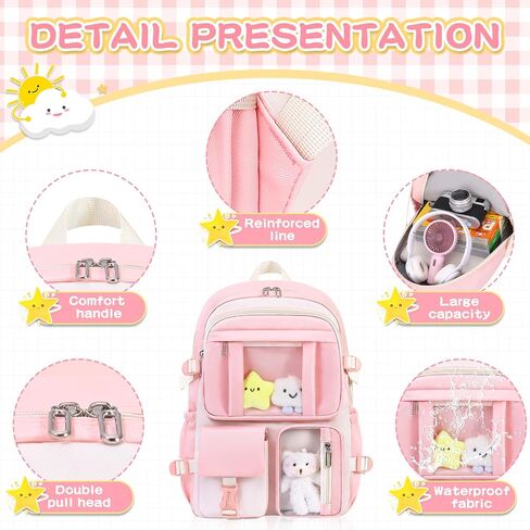 HORHREAR Kawaii Backpack 5Pcs Set for School, Cute Clear Backpack Preppy with Aesthetics Pendant for Girls Boys Primary Bag in Saudi Arabia