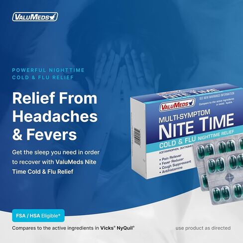 ValuMeds البرد والإنفلونزا تخفيف الأعراض المتعددة للاحتقان والصداع والتهاب الحلق والأوجاع والآلام والحمى | أسيتامينوفين (ليلا، 48 عدد) in Saudi Arabia