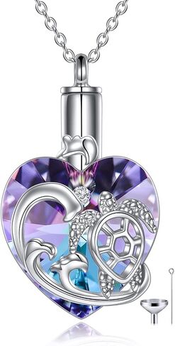 Heart Crystal Urn Necklace for Ashes Cremation Jewelry Sterling Silver with Purple Blue Crystal Jewelry Gifts for Women Girls Dolphin, Sterling Silver, no information in Saudi Arabia