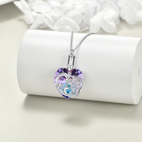 Heart Crystal Urn Necklace for Ashes Cremation Jewelry Sterling Silver with Purple Blue Crystal Jewelry Gifts for Women Girls Dolphin, Sterling Silver, no information in Saudi Arabia