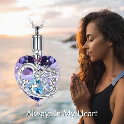 Heart Crystal Urn Necklace for Ashes Cremation Jewelry Sterling Silver with Purple Blue Crystal Jewelry Gifts for Women Girls Dolphin, Sterling Silver, no information in Saudi Arabia