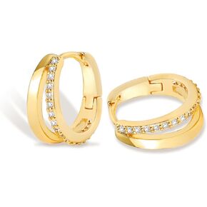 Double Hoop Earrings for Single Piercing,3 Pairs Gold Hoop Earrings Set for Women, Cubic Zirconia Cartilage Earrings for One Hole, Lightweight Surgical Stainless Steel Huggie Hoop Earrings