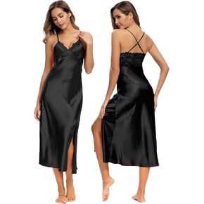 ALCEA ROSEA Women Silk Satin Nightgown Sexy Lace Chemise Lingerie Long Sleepdress for Ladies Sleepwear Slip Negligee (Fatigue,XXXL)