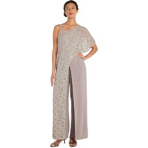 R&M Richards Womens Beige Sequined Lace One Shoulder Asymmetrical Neckline Evening Wide Leg Jumpsuit 12