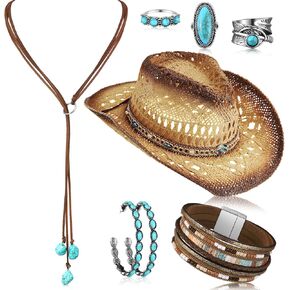 Ecally Bohemian Western Jewelry Turquoise Set Women Bohemian Pendant Long Choker Layered Bracelets Turquoise Earrings Gemstone Ring (Novel)