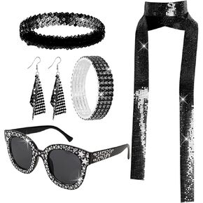 5 Pcs 70s Disco Accessories Women Disco Costume Jewelry Disco Sequin Scarf Headband Diamond Bracelet Earrings Sunglasses
