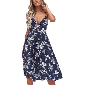 ECOWISH Women Dresses Summer Tie Front V-Neck Spaghetti Strap Button Down A-Line Backless Swing Midi Dress in Saudi Arabia