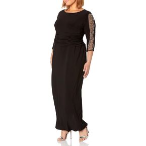 S.L. Fashions Women's Size Long Ruched Dress with Beaded Illusion Sleeve, Fig Plus, 18W