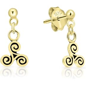 925 Sterling Silver, 24K Yellow or 18K Rose Gold Plated Thread Through THIN Drop Chain or Studs Earrings and SMALL Celtic Triskele or Celtic Spiral Triskelion - Diameter: 6 or 16 mm in Kuwait