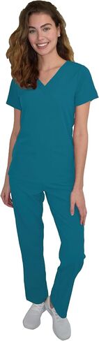 Green Town Scrubs for Women Scrub Set - V-Neck Top and Straight Leg Pant, 5 Pockets, Easy Care, Solids and Prints Uniforms -Black-Small Petite in Saudi Arabia
