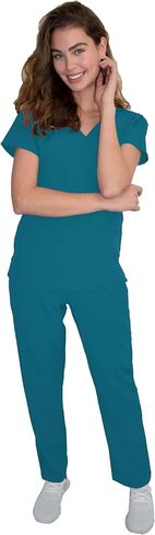 Green Town Scrubs for Women Scrub Set - V-Neck Top and Straight Leg Pant, 5 Pockets, Easy Care, Solids and Prints Uniforms -Black-Small Petite in Saudi Arabia