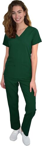 Green Town Scrubs for Women Scrub Set - V-Neck Top and Straight Leg Pant, 5 Pockets, Easy Care, Solids and Prints Uniforms -Black-Small Petite in Saudi Arabia