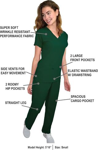 Green Town Scrubs for Women Scrub Set - V-Neck Top and Straight Leg Pant, 5 Pockets, Easy Care, Solids and Prints Uniforms -Black-Small Petite in Saudi Arabia
