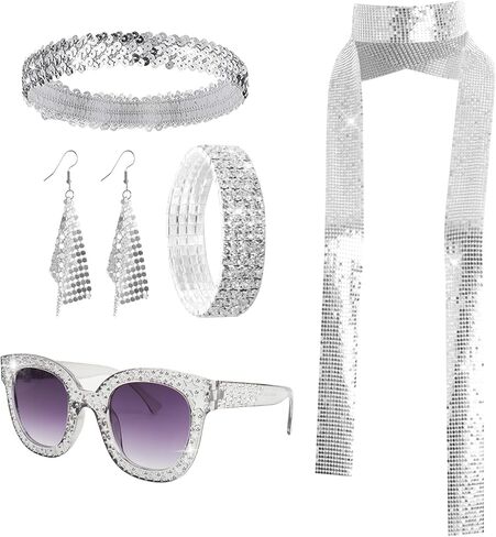 5 Pcs 70s Disco Accessories Women Disco Costume Jewelry Disco Sequin Scarf Headband Diamond Bracelet Earrings Sunglasses in Kuwait
