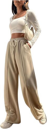 بنطال رياضي نسائي كاجوال برباط الخصر وواسع الساق من MakeMeChic مع جيوب in Kuwait