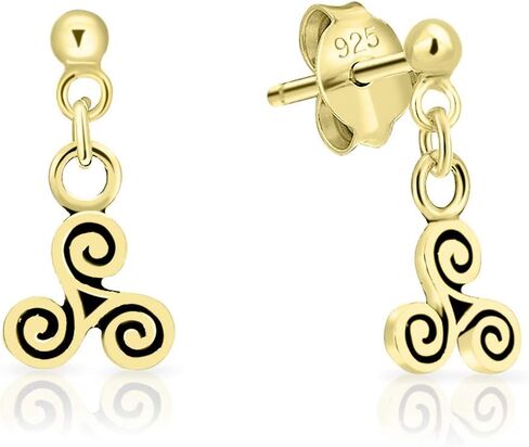 925 Sterling Silver, 24K Yellow or 18K Rose Gold Plated Thread Through THIN Drop Chain or Studs Earrings and SMALL Celtic Triskele or Celtic Spiral Triskelion - Diameter: 6 or 16 mm in Kuwait