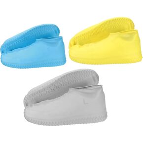 PATIKIL S/M/L Silicone Waterproof Shoe Covers, 3 Pairs Thickened Reusable Non-Slip Foldable Rain Shoes Cover Overshoes Galoshes Protector for Outdoor Rain Snow, Blue Yellow Gray