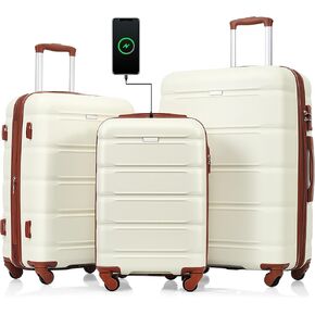 Elefesign Luggage Set of 3, 20-inch with USB Port, Airline Certified Carry-on Luggage with Cup Holder, ABS+PC Hard Shell Luggage with Spinner Wheels, Gradient Pink