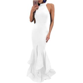 GOBLES Womens Elegant Ruffles Sleeveless Split Evening Mermaid Maxi Dress