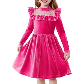 Arshiner Toddler Girls Velvet Dress Contrast Mesh Ruffle Trim Long Sleeve Zipper Party Dresses with Pockets 2-6 Years