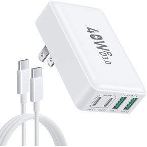 شاحن حائط USB-C مسطح من OKRAY مع كابل USB C إلى C، نحيف 40 وات 4 منافذ شحن سريع قابل للطي، محول طاقة محمول متعدد المنافذ من النوع C متوافق مع iPhone 15 Pro Max Plus، GalaxyS23 (أسود)