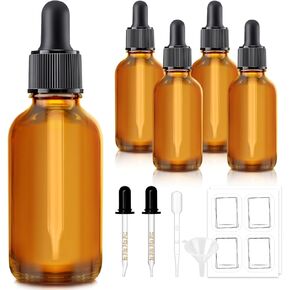 5 Pack, 1 oz Dropper Bottle with 2 Extra Graduated Calibrated Glass Dropper (1ml), Amber Glass Dropper Bottle 30ml Empty Dark Brown Tincture Bottles Eye Dropper for Essential Oils, Liquids