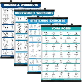 Palace Learning 4 Pack - Dumbbell Workouts + Bodyweight Workouts + Stretching Exercises + Yoga - Set of 4 Workout Charts (18" x 24", LAMINATED)