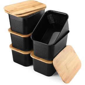 Storage Bins With Lids 6 Packs Plastic Storage Containers With Bamboo Lids Stackable Storage Baskets for Organizing Desktop Closet Playroom Classroom Office, Black